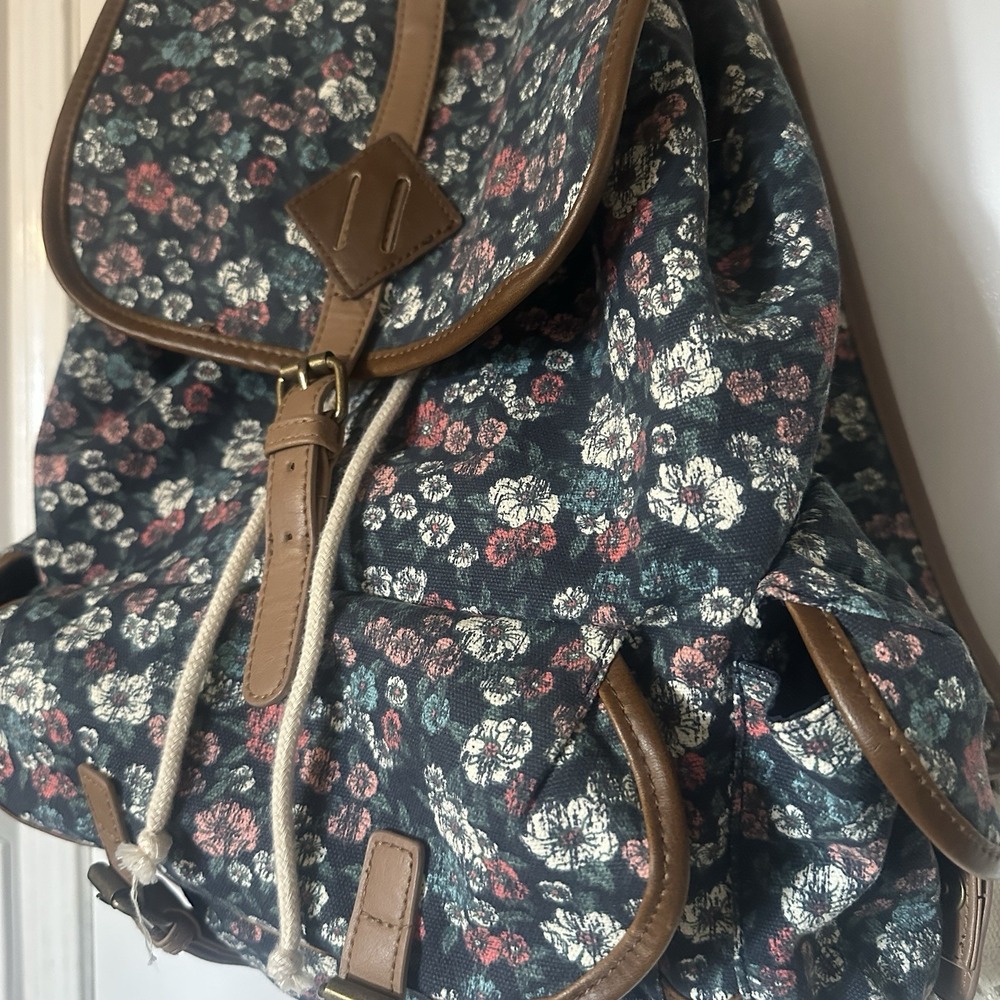 Vintage Y2K MUDD Canvas Floral Print Boho Backpack Satchel Bag‎ w/Leather Trim
